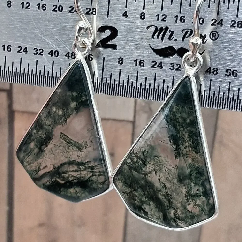 Moss Agate Earrings Sterling Silver 925 Dangle Drop Scenic Stone Southwestern